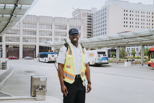 IndyGo Transit Security Officer outside of Carson Transit Center