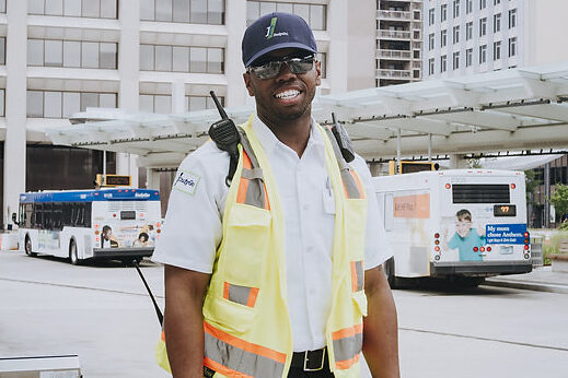 IndyGo Transit Security Officer outside of Carson Transit Center