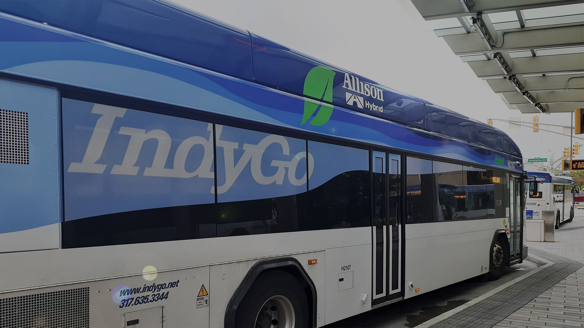 IndyGo bus angled side view